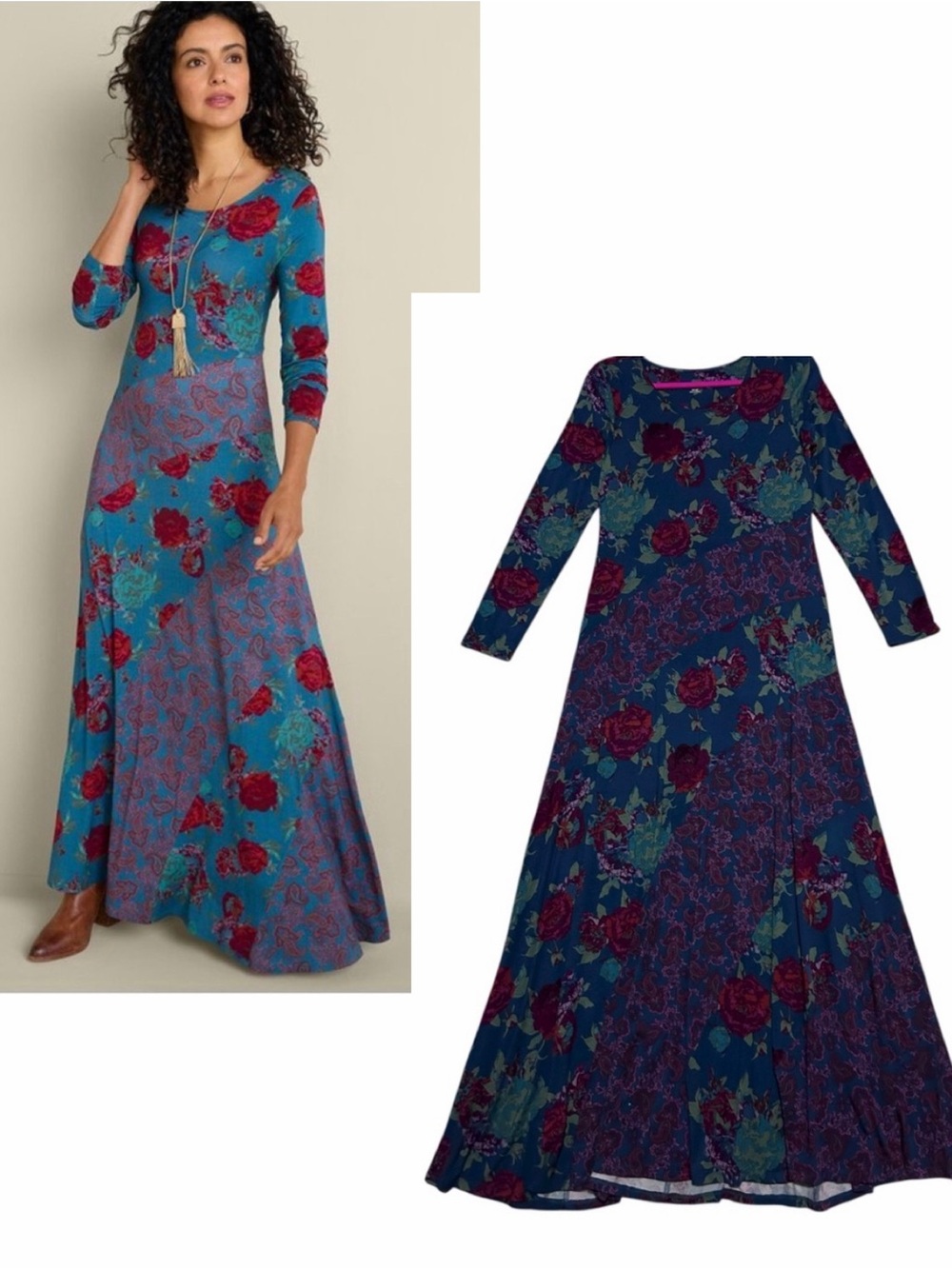 SOFT SURROUNDINGS NWT Boho Long Sleeve Floral Jersey Knit Maxi Dress XS